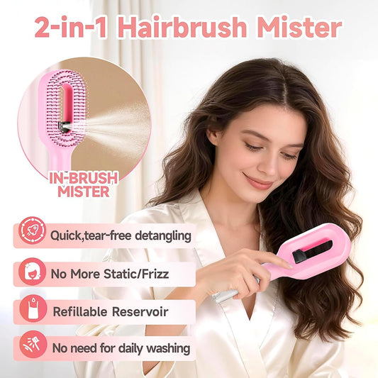 Hairbrush Mister - Hair Mist Sprayer Brush, 2 in 1 Portable Hair Brush with Water Spray for Detangling and Styling