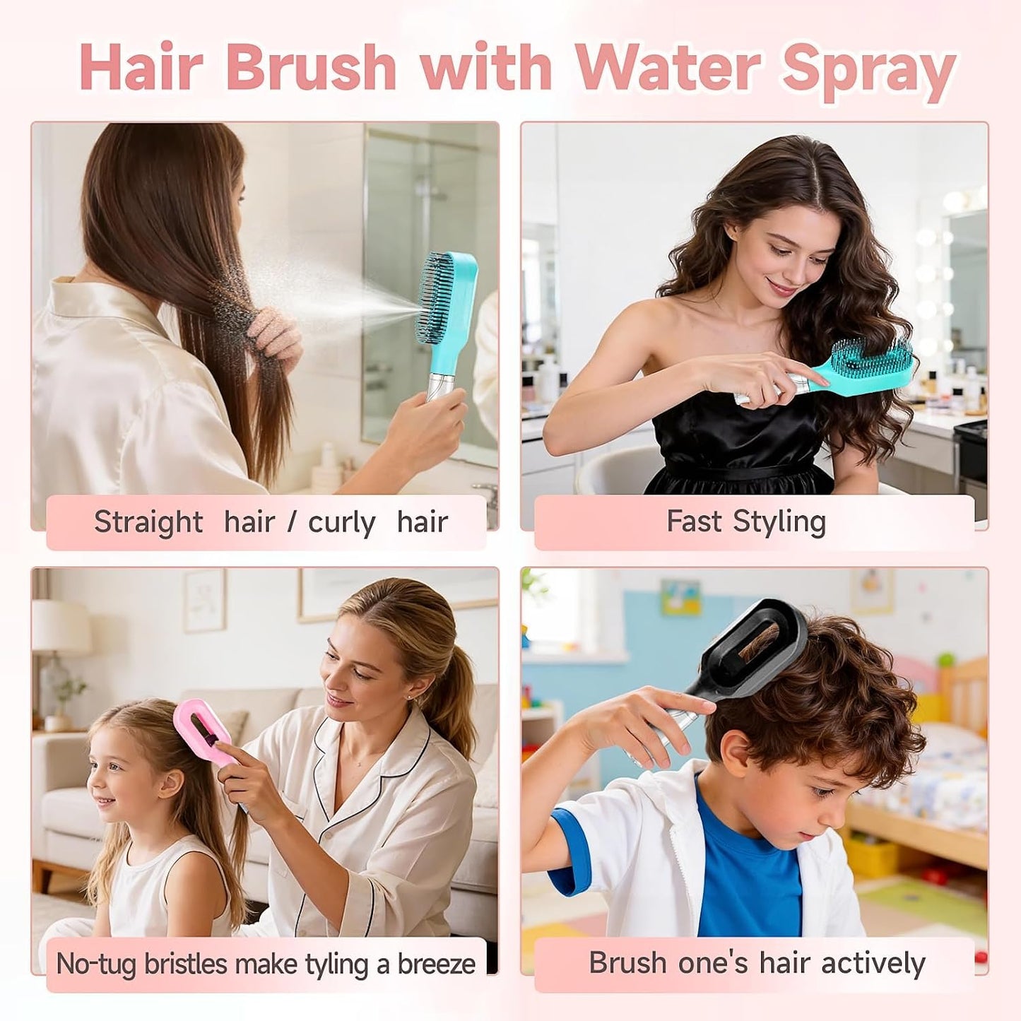 Hairbrush Mister - Hair Mist Sprayer Brush, 2 in 1 Portable Hair Brush with Water Spray for Detangling and Styling