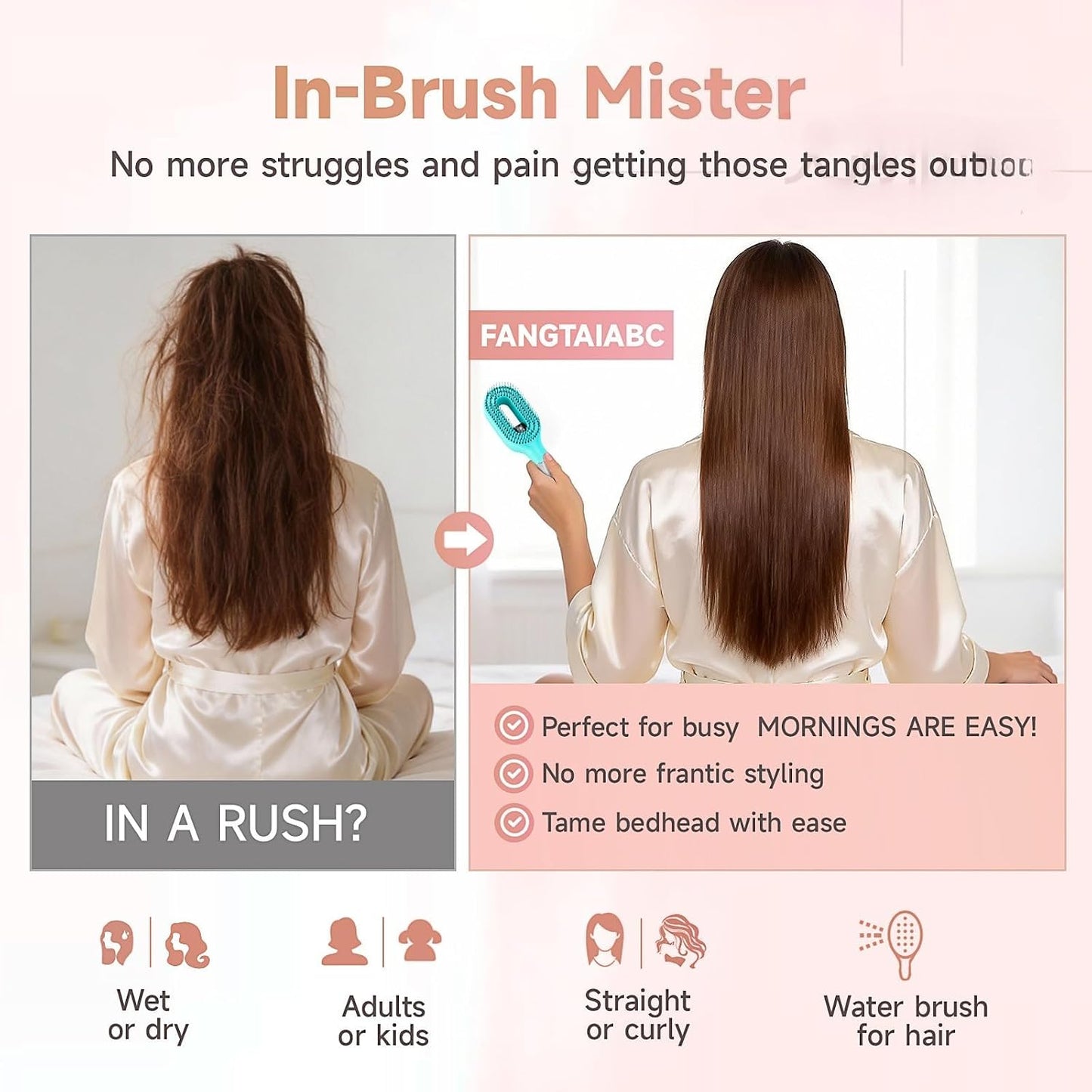 Hairbrush Mister - Hair Mist Sprayer Brush, 2 in 1 Portable Hair Brush with Water Spray for Detangling and Styling